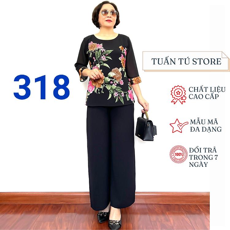 Set trung niên áo voan 2 lớp và quần đũi đen tôn da giữ dáng cho phụ nữ lớn tuổi