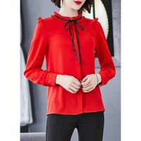 Sơ mi nữ công sở màu đỏ dài tay phối nơ Sm46 đẳng cấp thời trang nữ văn phòng