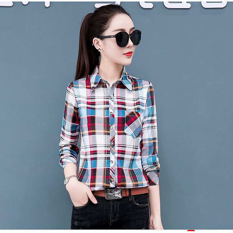 Sơ mi nữ kẻ caro tay dài chất vải thoáng mát Haint Boutique mã số HB23