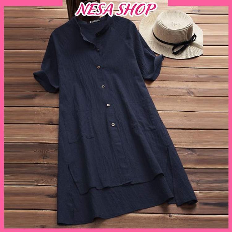 Sơ mi váy nữ chất đũi mềm mịn thiết kế dáng dài rộng NeSa Shop AKH.35