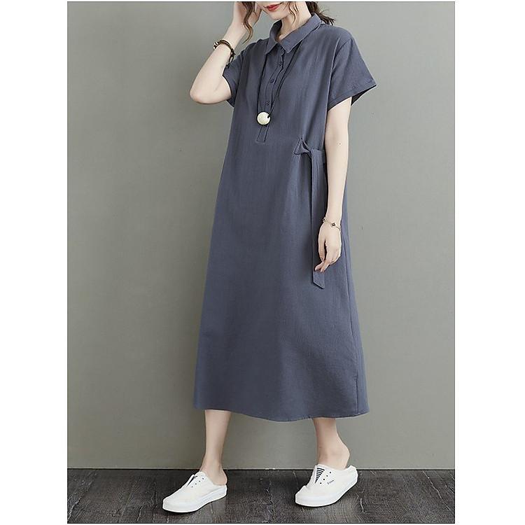 Váy đũi suông cổ Đức phối cúc ngực dáng dài chữ A lựa chọn hoàn hảo cho phái đẹp