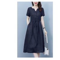 Váy linen bột mịn cao cấp phong cách Hàn Quốc thiết kế cổ tàu dáng suông rút eo tinh tế