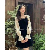 Váy nhung tay voan lụa đính nơ cao cấp kèm mút ngực sẵn hai màu đen đỏ sang trọng