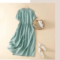 Váy nữ basic cổ sơ mi tay ngắn chất đũi phong cách năng động đầy cá tính