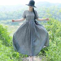 Váy nữ kẻ caro dáng xòe hai túi thiết kế tinh tế chất đũi Da159