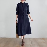 Váy sơ mi tay dài chất đũi cao cấp Haint Boutique dáng suông có dây thắt eo thanh lịch