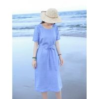 Váy suông trơn tay ngắn cổ tròn chất linen kèm đai eo Haint Boutique thời trang hè