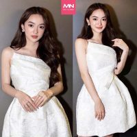 Váy trắng dự tiệc thiết kế hai dây dáng xoè đắp nơ ngực gấm cao cấp MINA